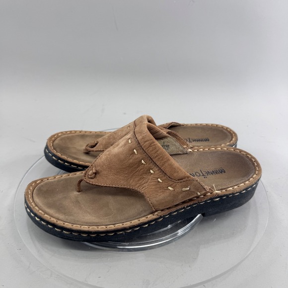 Minnetonka Shoes - Minnetonka Women Leather Thong Sandals Flip Flops Stitch Detail Brown Size 8